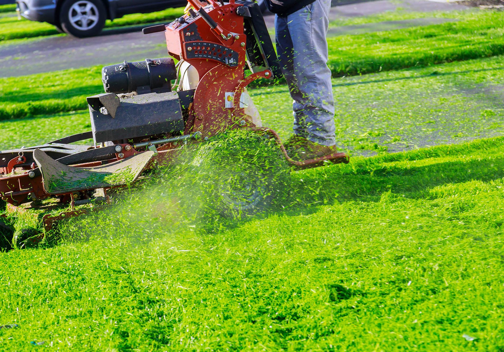 Man cutting lawn with using a gasoline mower in the home garden grass